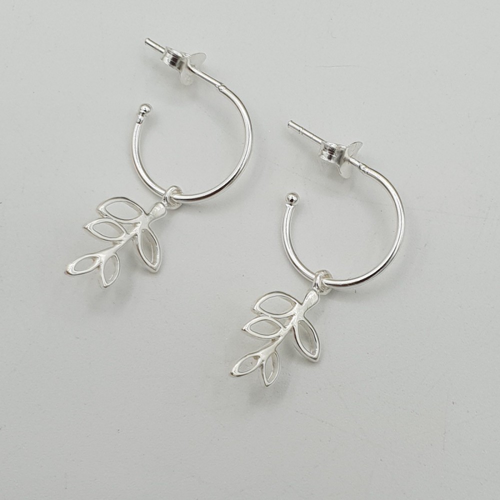 Silver half creoles with leaf pendant