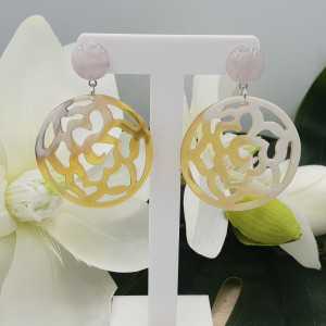 Earrings with rose quartz and carved buffalo horn