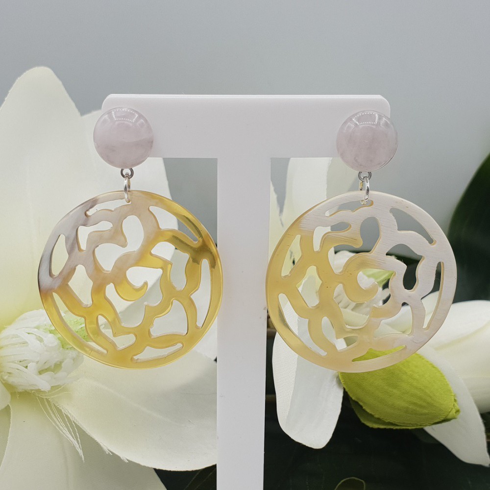 Earrings with rose quartz and carved buffalo horn