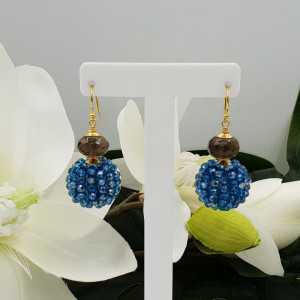 Gold plated earrings with Smokey Topaz and full of Petrol blue crystals