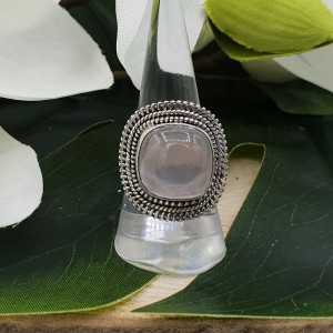 Silber ring mit quadratischen Rosenquarz und geschnitzten Kopf 18 mm