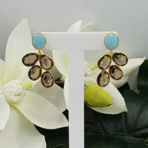 Gold plated earrings with aqua Chalcedony and Smokey Topaz