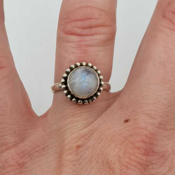 Silver ring set with round rainbow Moonstone 16.5 mm