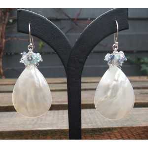 Silver earrings with mother of Pearl, Ioliet, Topaz, and rose quartz
