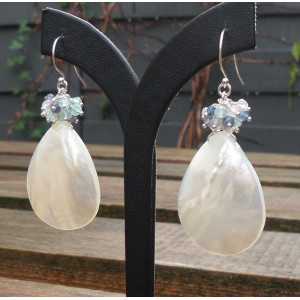 Silver earrings with mother of Pearl, Ioliet, Topaz, and rose quartz