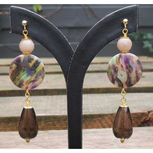 Gold plated earrings with Smokey Topaz, sun stone, and shell
