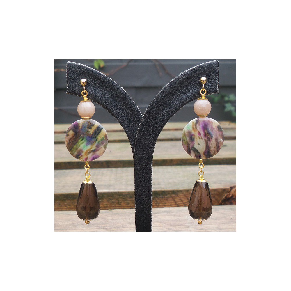 Gold plated earrings with Smokey Topaz, sun stone, and shell