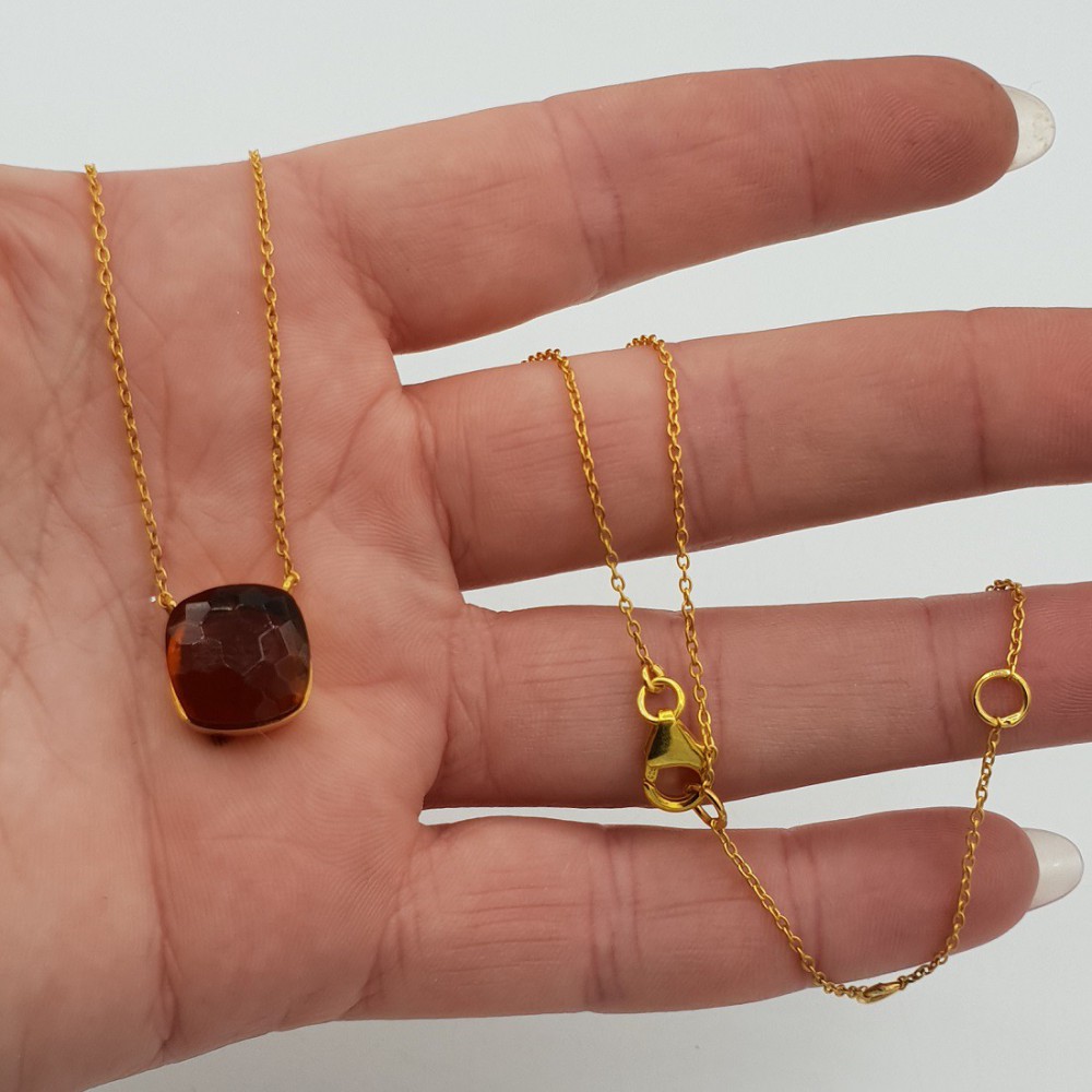 Gold-plated chain with square, dark Citrine quartz pendant