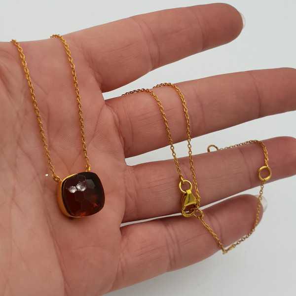 Gold-plated chain with square, dark Citrine quartz pendant