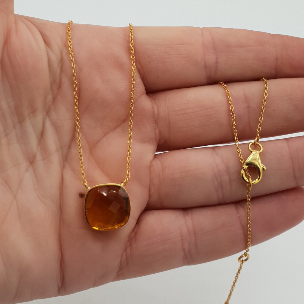 Gold plated necklace with square Citrine quartz pendant