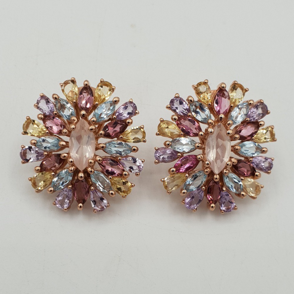 Rosé gold earrings set with facet cut multi gemstones