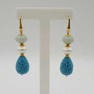 Earrings with Amazonite Pearl and carved resin drop