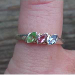 Silver ring set with pink Tourmaline, Peridot and Topaz 15.7 mm 
