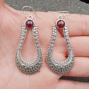 Silver long carved earrings with round Garnet