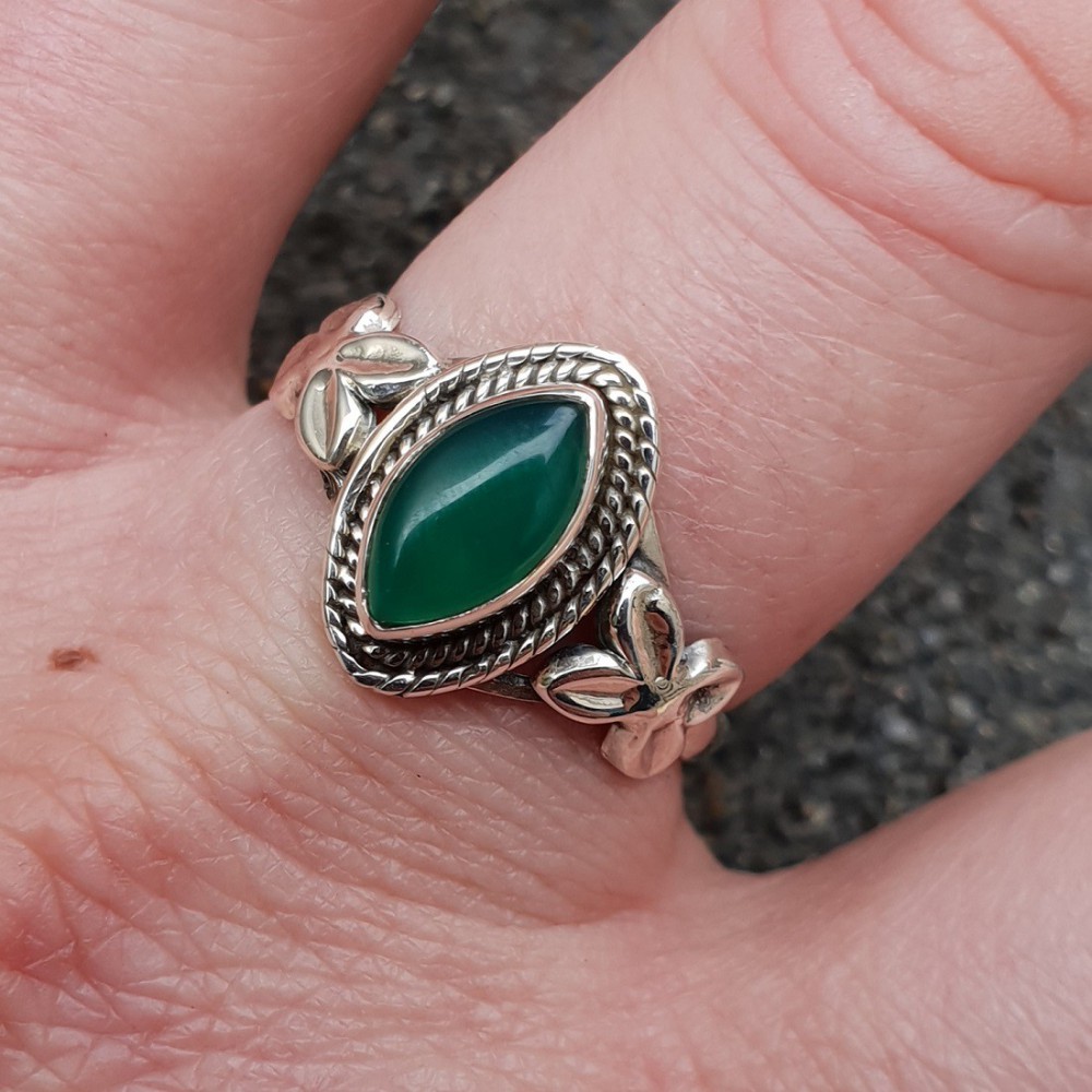 Silver ring with marquise green Onyx