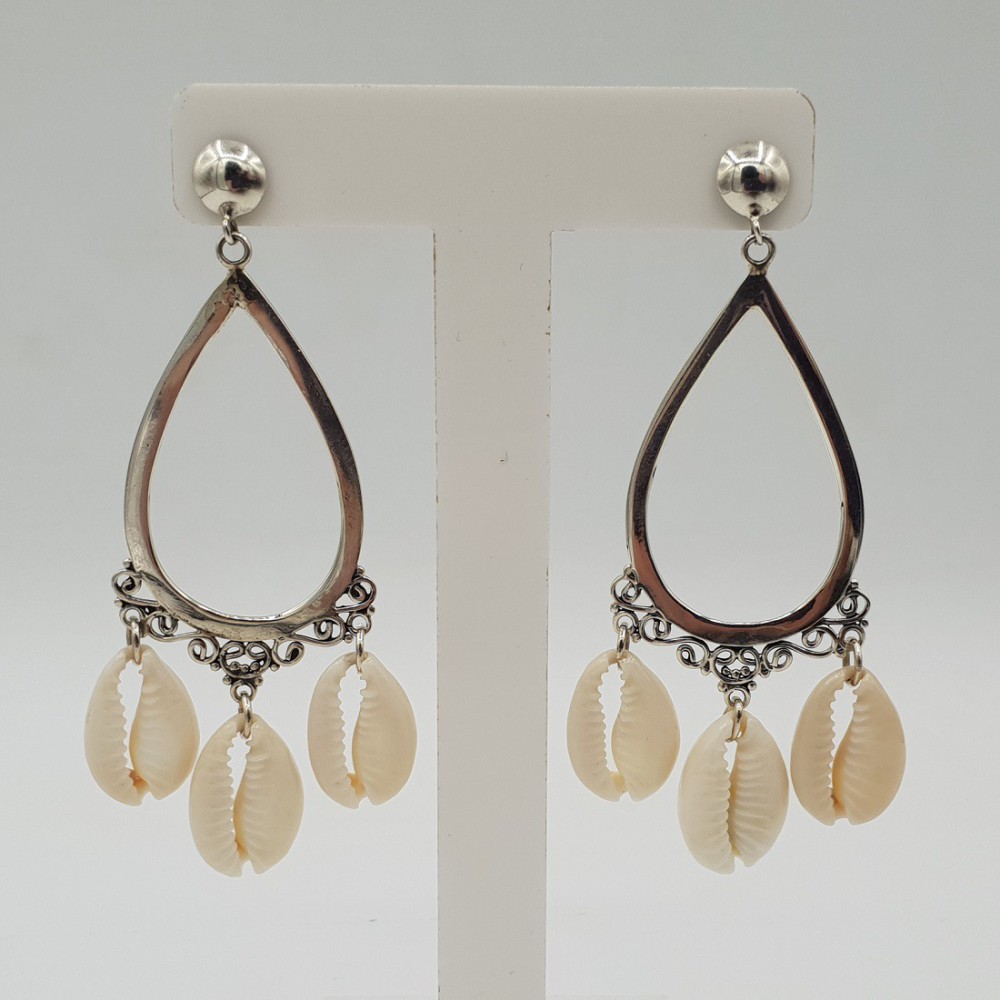 Silver long earrings with Cowrie shell