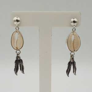 Silver earrings with Cowrie shell and silver feathers