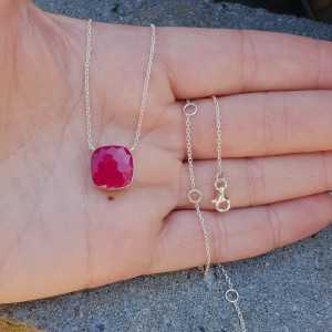 Silver chain with square-fuchsia pink Chalcedony pendant
