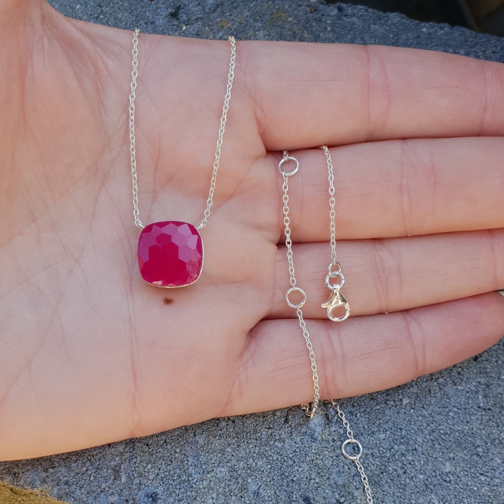 Silber Kette mit Quadrat-fuchsia-rosa Chalcedon-Anhänger