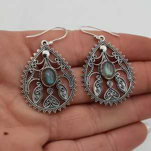 Silver earrings oval cabochon Labradorite carved setting