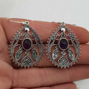 Silver earrings oval cabochon Amethyst carved setting