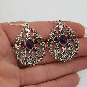 Silver earrings oval cabochon Amethyst carved setting