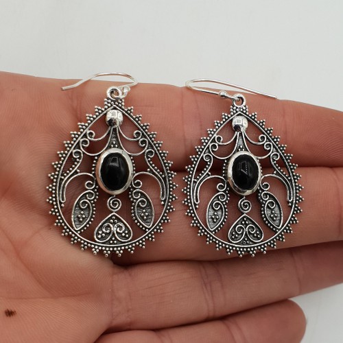 Zilveren oorbellen ovale cabochon Onyx bewerkte setting