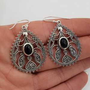 Silver earrings oval cabochon Onyx carved setting