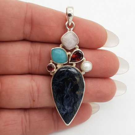 Zilveren hanger Pietersiet Kunziet Amazoniet en Granaat