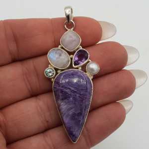 Silver pendant with Charoiet Kunziet Amethyst and Moonstone