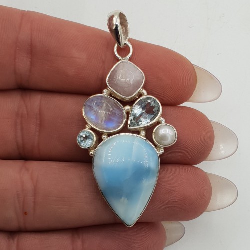Zilveren hanger met Larimar Maansteen Kunziet en Topaas