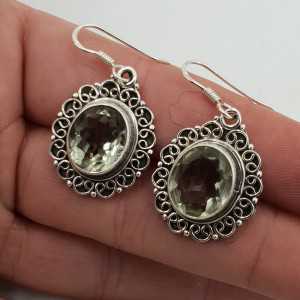 Silver earrings green Amethyst in carved setting
