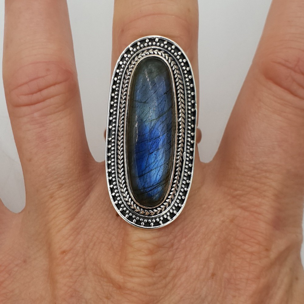 A silver ring set with Labradorite