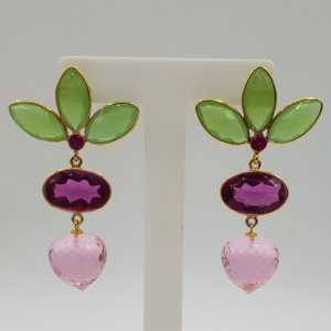 Gold-plated drop earrings, green Chalcedony, pink Tourmaline, quartz, and pink Topaz