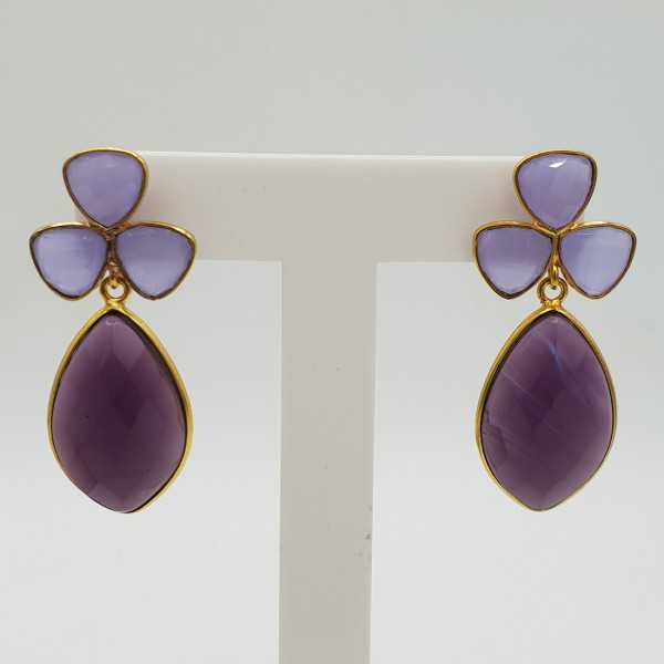 Gold-plated drop earrings with Lavender Chalcedony and Amethyst