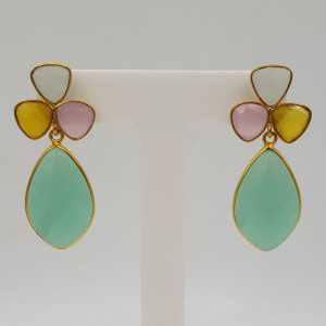 Gold-plated drop earrings with yellow, white, and aqua Chalcedony