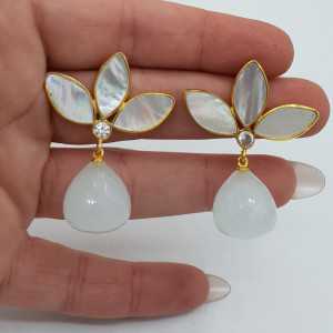 Gold-plated drop earrings with mother-of-Pearl-and-white variety of Chalcedony