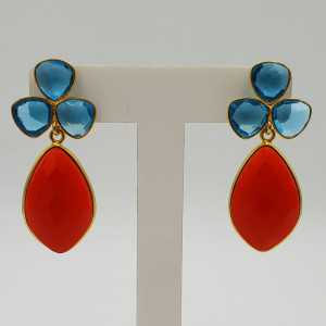 Gold-plated drop earrings with Topaz, blue quartz, and Garnet and red quartz