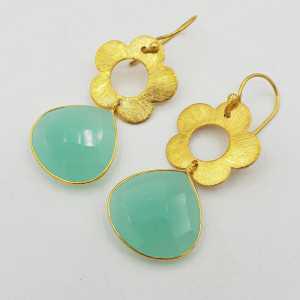 Gold-plated drop earrings with a flower and aqua Chalcedony