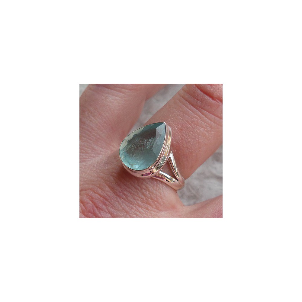 Silver ring set with oval shape faceted Aquamarine size 18 mm 