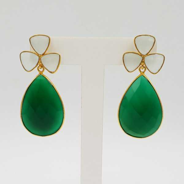 Gold-plated drop earrings with green Onyx and white Chalcedony