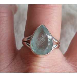 Silver ring set with oval shape faceted Aquamarine size 18 mm 