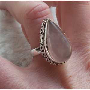 Silver ring set with oval shape rose quartz size 17.5 mm 