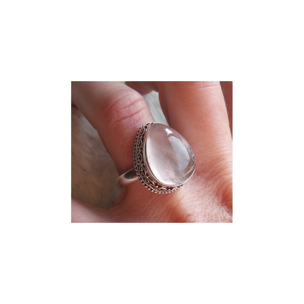 Silver ring set with oval shape cabochon rose quartz 17.5 mm 