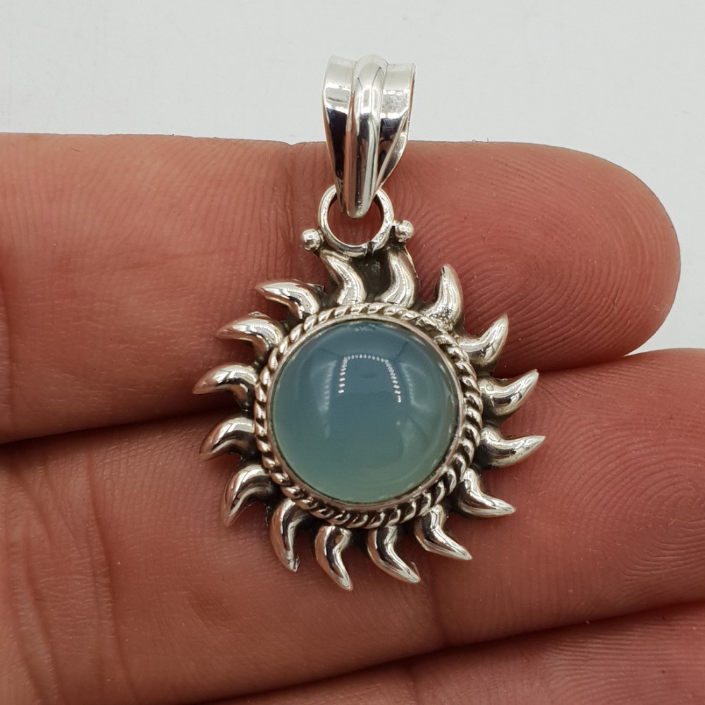 Silber Anhänger, Sonne mit aqua Chalcedon