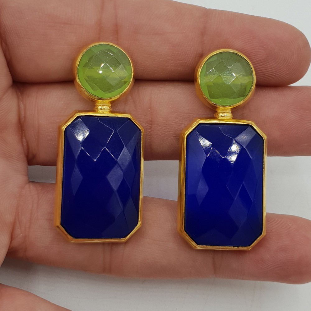 Goud vergulde oorbellen met blauw en groen Chalcedoon