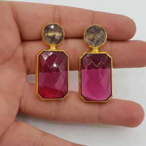 Goud vergulde oorbellen met zwarte Toermalijnkwarts en roze Toermalijn quartz