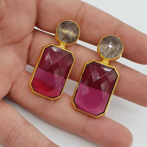 Gold-plated drop earrings with black Toermalijnkwarts and-pink-Tourmaline quartz