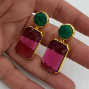 Gold-plated drop earrings with raw green Agate and pink Tourmaline, quartz