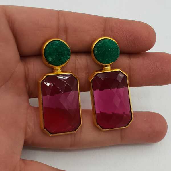 Gold-plated drop earrings with raw green Agate and pink Tourmaline, quartz